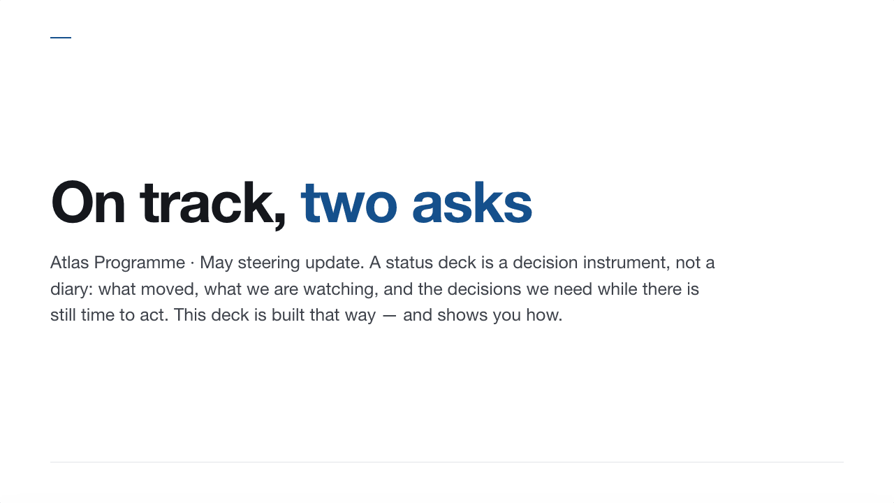 On track, two asks, title slide
